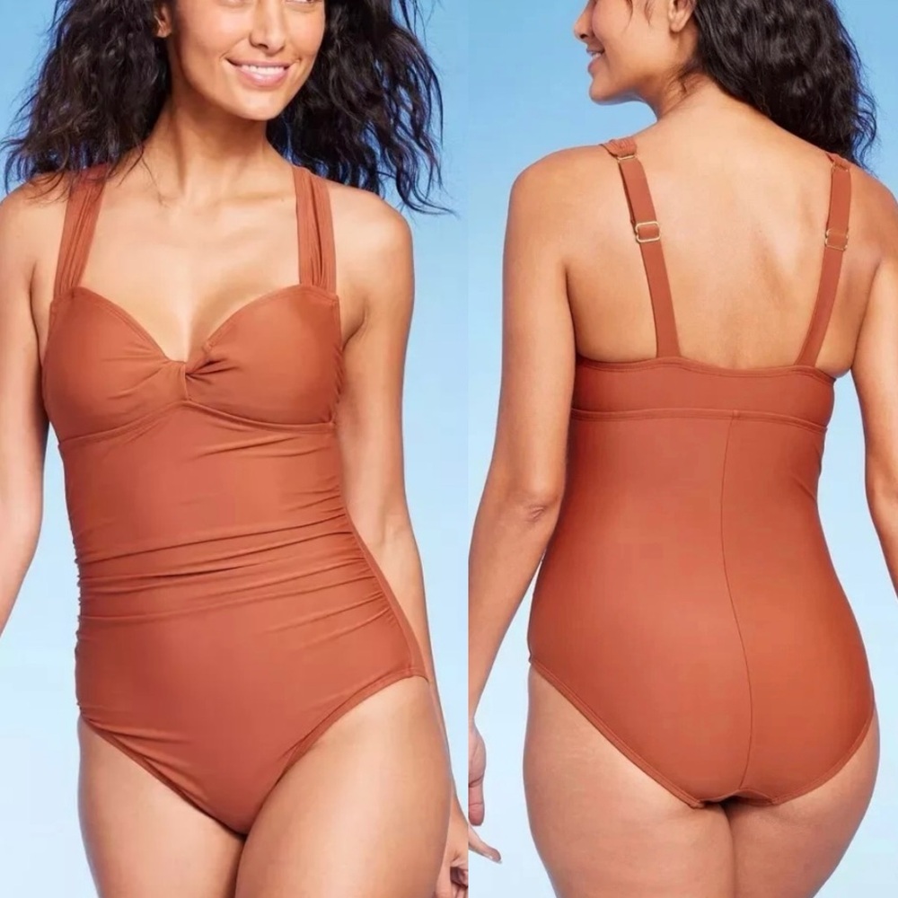 NWT Kona Sol Twist Front Rust Colored One-Piece Swimsuit size M (8-10)